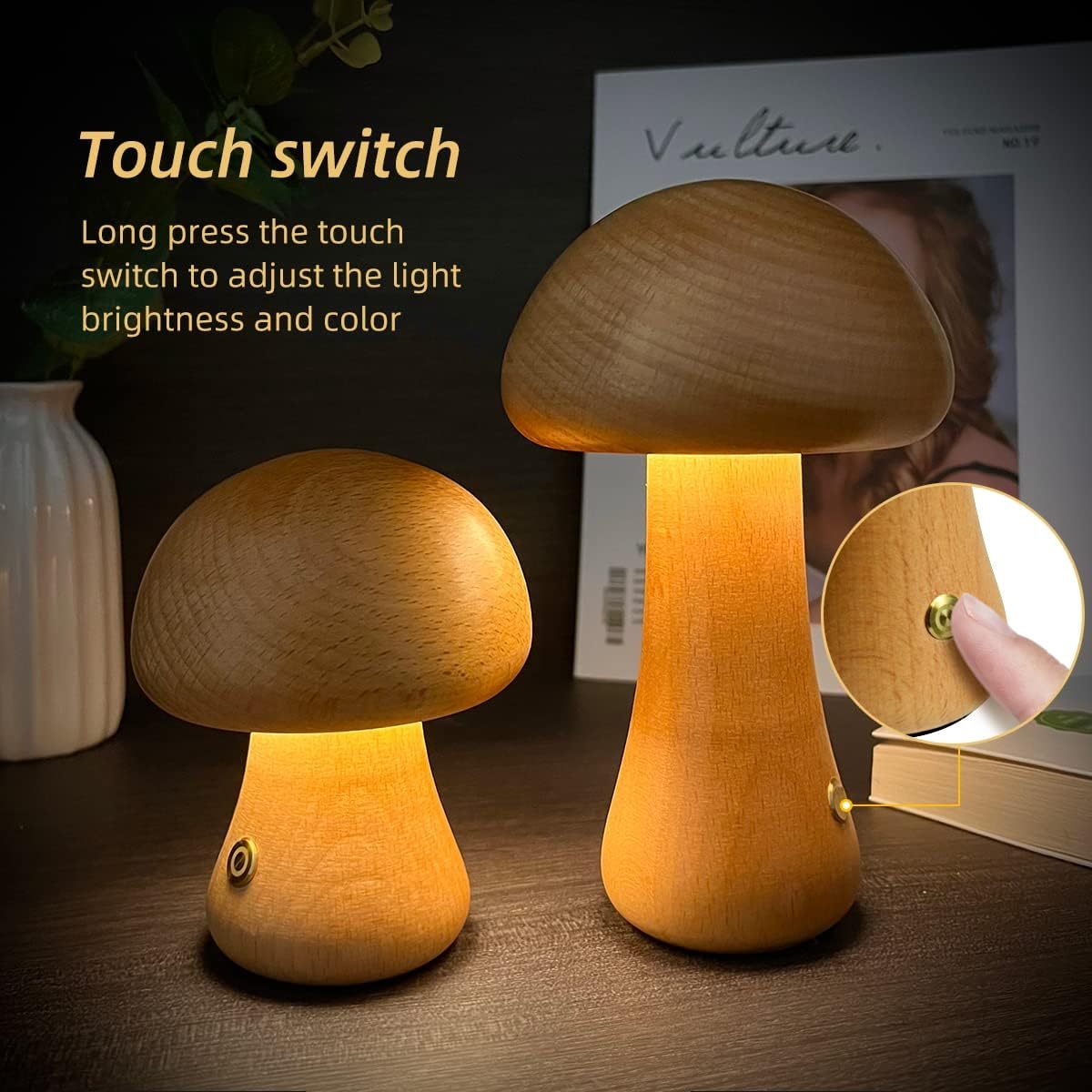 Lampada notturna a LED in legno a forma di fungo