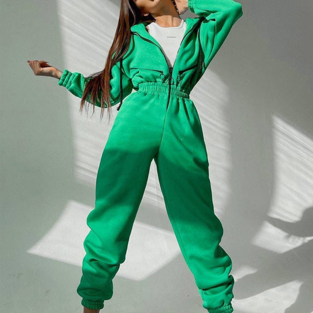 Completo casual da donna in due pezzi con felpa basic con zip e coulisse