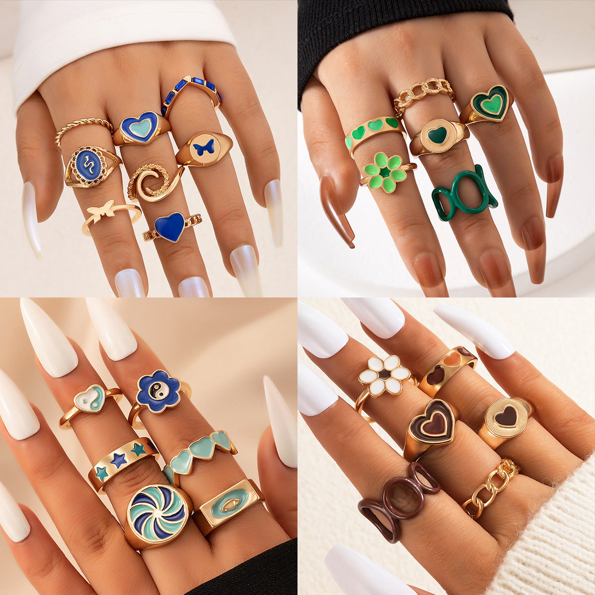Set di Sei Anelli Geometrici a Fiore Stile Europeo e Americano