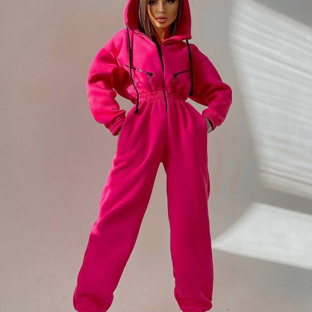 Completo casual da donna in due pezzi con felpa basic con zip e coulisse