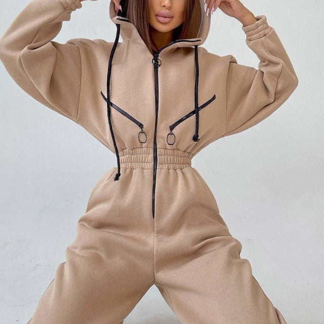 Completo casual da donna in due pezzi con felpa basic con zip e coulisse