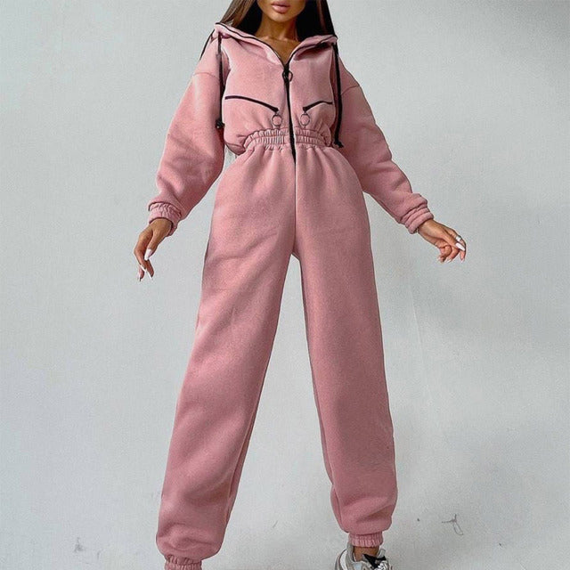 Completo casual da donna in due pezzi con felpa basic con zip e coulisse