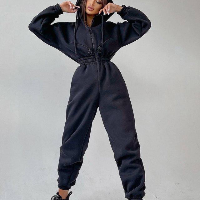 Completo casual da donna in due pezzi con felpa basic con zip e coulisse
